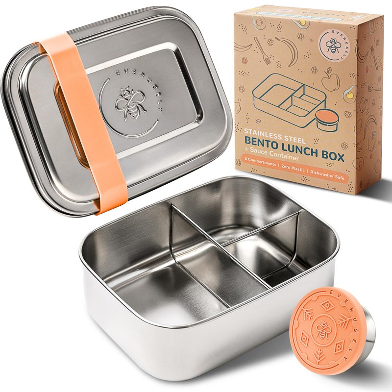 Everusely - Bento Box for Kids - Orange  6.5x4.7 / 27oz - Stainless Steel Lunch Box w/Leakproof Condiment Container - 3 Compartment Snack Box for School  Office Meals - Freezer & Dishwasher Safe - Image 1